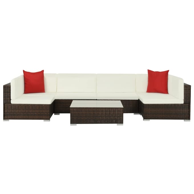 vidaXL - 7-delige - Loungeset - met - kussens - poly - rattan - bruin