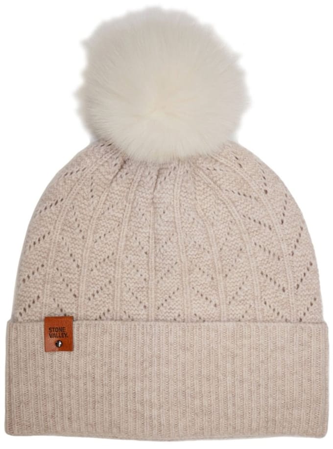Stone Valley Merino Wol Beanie in Beige met Pompon