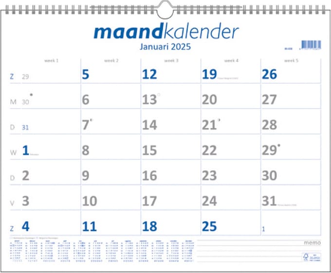 MGPcards - Maandkalender 2025 - Week begint op zondag - Wire-O - 43 x 34 cm