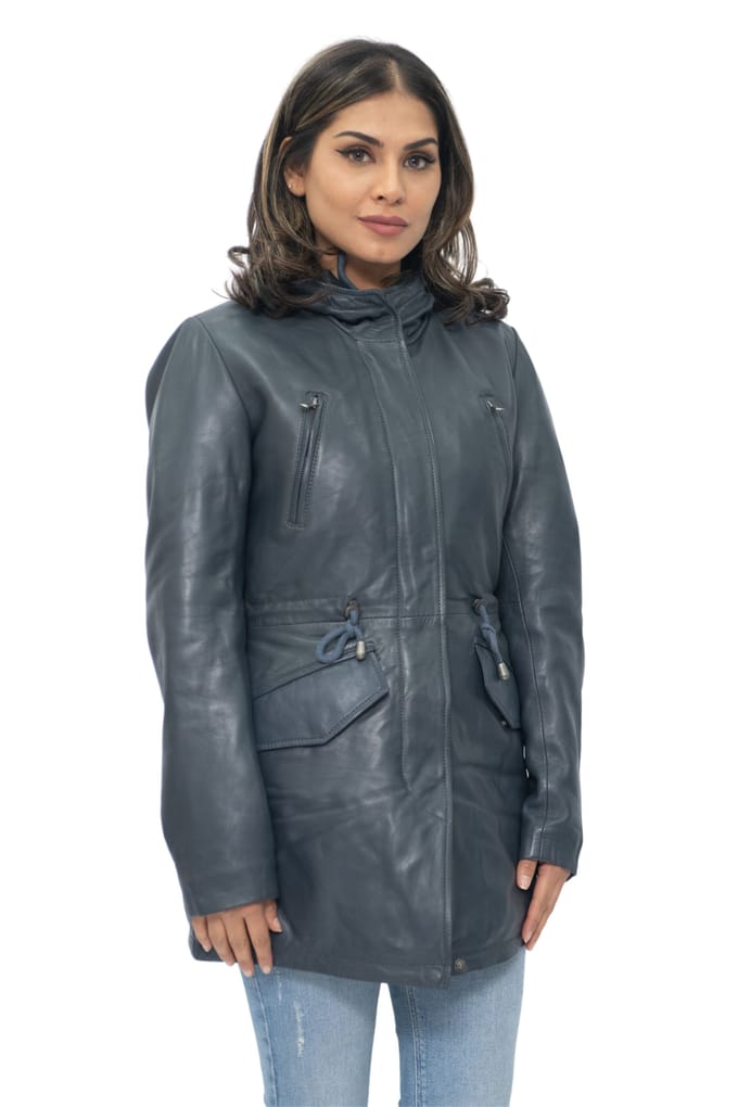 Dames leren parka jas met capuchon-Boekarest