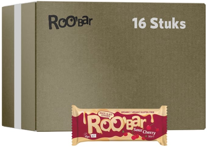 Roo'Bar | White Glaze Covered | Sour Cherry Bar | 16 stuks | 16 x 30 gram