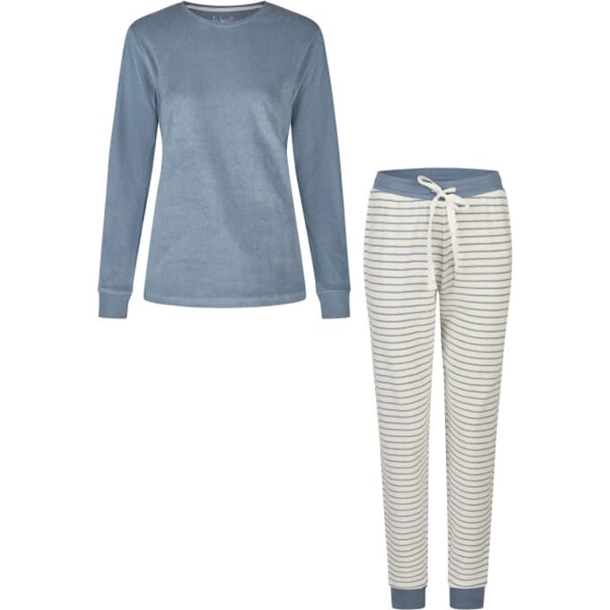By Louise Dames Winter Pyjama Set Lang Badstof Blauw/Wit Gestreept - Maat L