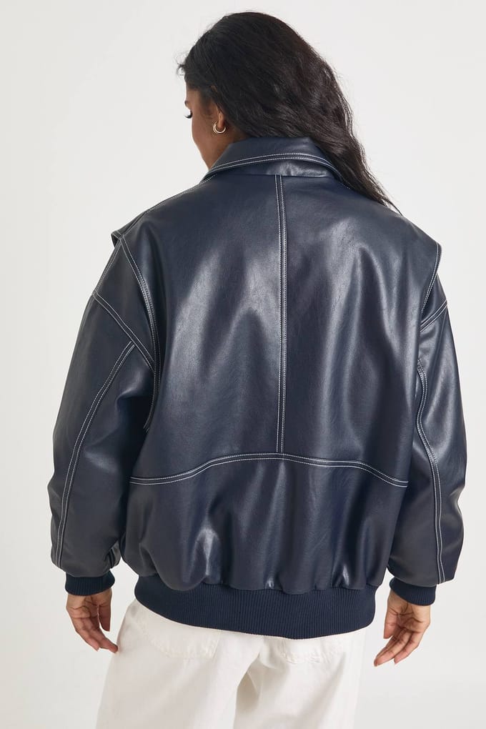 boohoo Dames Kunstleren Bomberjack met Contrasterende Stiksels | Navy | Maat: 12