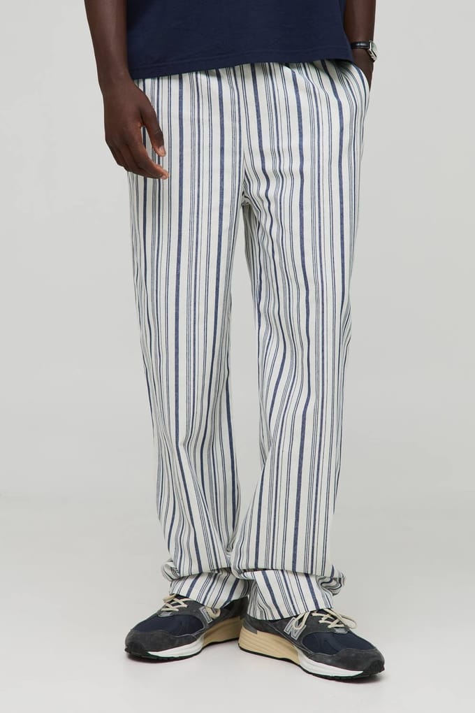 Elastische Taille Relaxte Gestreepte Broeken met Linnen Look Trousers | Blue | Size Small