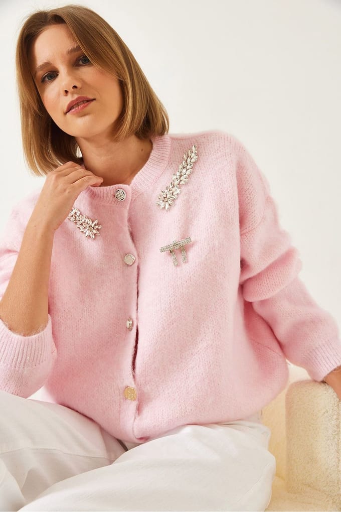 Versierde Ronde Hals Lange Mouw Cardigan