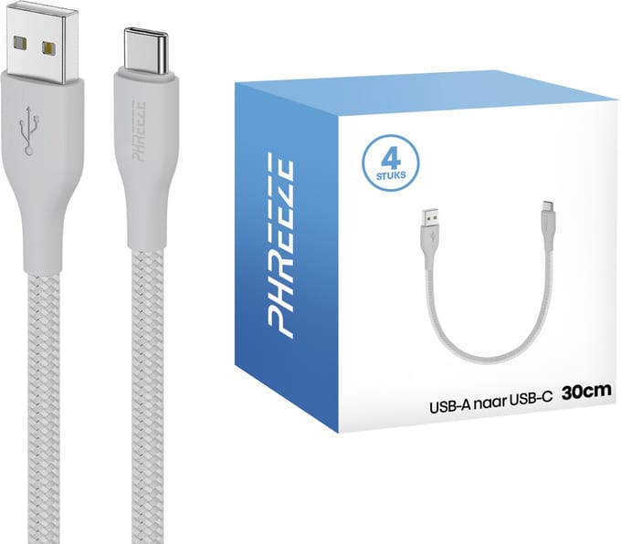Usb A naar C kabels - 4 pack - Kort, stevig, nylon - Opladen & data - Usb C kabels - Phreeze