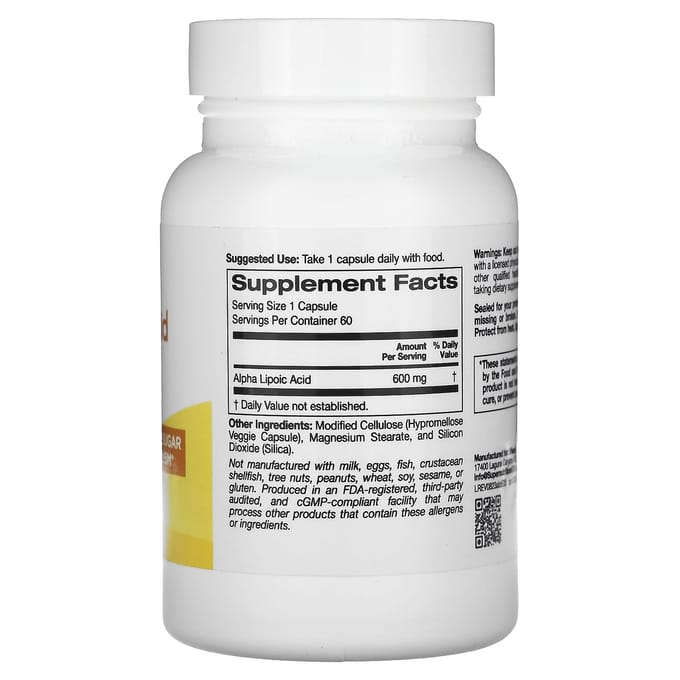 Super Nutrition, Acide Alpha-Lipoïque, 600mg, 60 Capsules Végétales