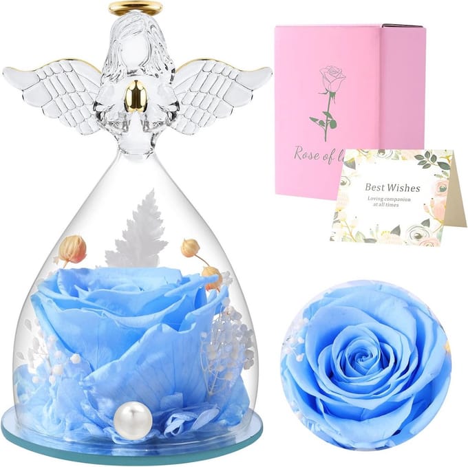 Eeuwige Roos in Glas met Engelbeeldje - Cadeau voor Moederdag en Verjaardag