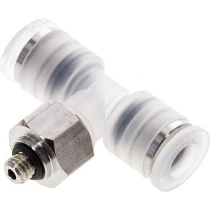 6mm x M 5 inline T-stuk PA/RVS Insteekfitting Buitendraad FDA Draaibaar EPDM