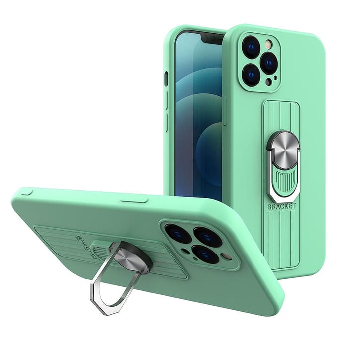 Ring Case siliconen hoesje met vingergreep en standaard Geschikt voor iPhone 13 Pro mint