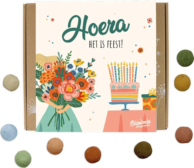 Blossombs - Giftbox Medium 9st - Hoera het is feest - Geschenkverpakking Taart & Bloemen - Duurzaam
