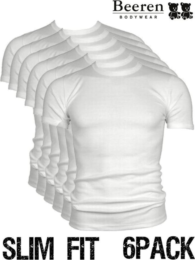 Beeren heren T-Shirt - Ronde Hals - maat M - 6-Pack - Wit - Slim Fit