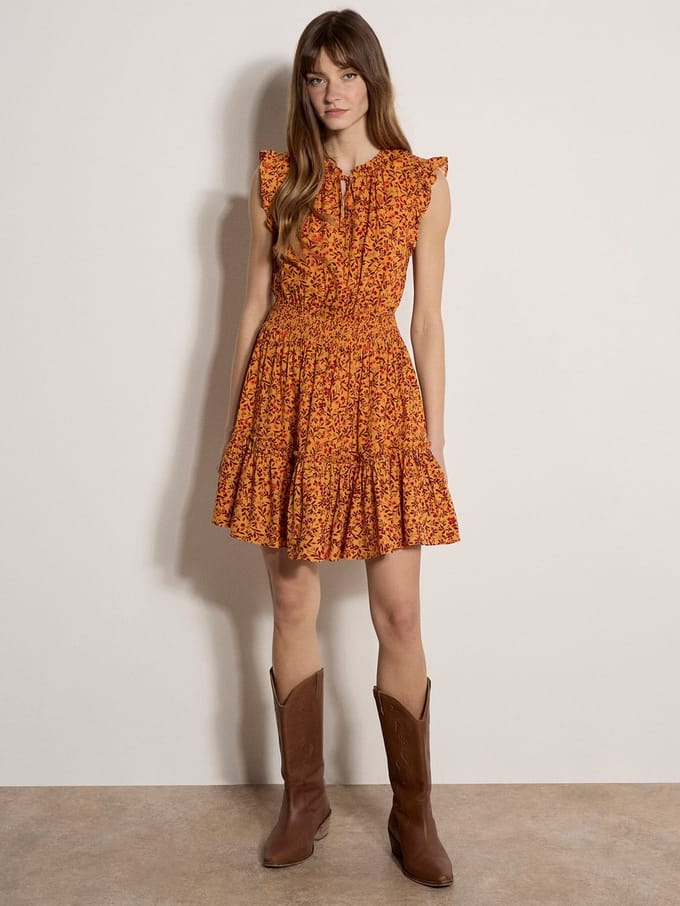 Mini-jurk met kleine bloemenprint en ruches