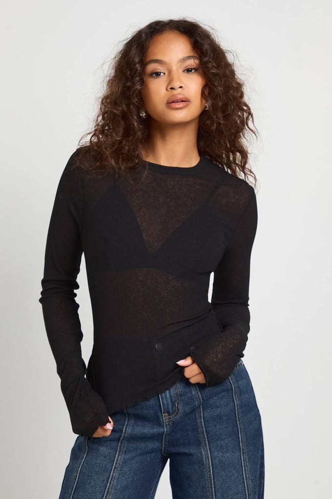 boohoo Dames Geribbelde getextureerde mesh top met lange mouwen | Zwart | Maat: 36