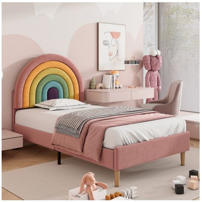 Lit rembourré - MUVOE - 90x200 cm - Tête de lit réglable - Velours rose - 1 place rose