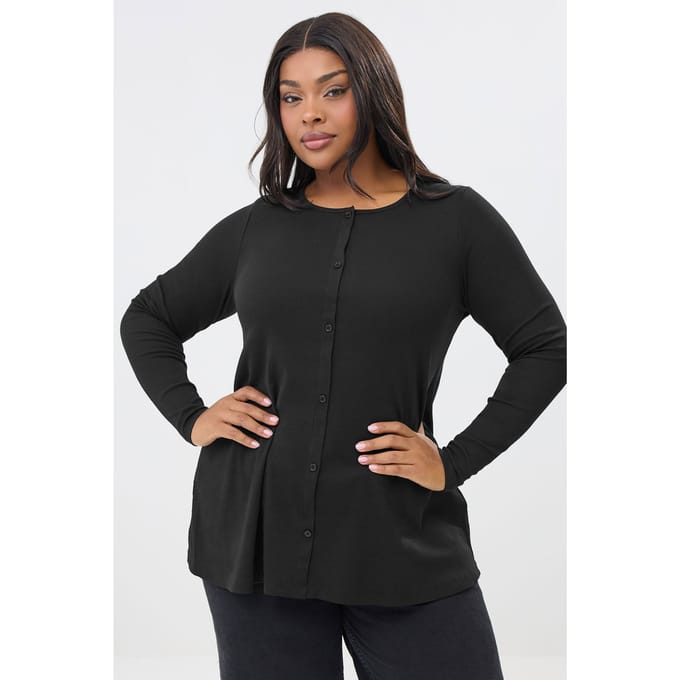 Yours Zwarte Geribbelde Knoopsluiting Henley Top Size 42
