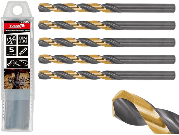 Tvardy Metaalboor - HSS 9 mm - TiN Coating - Zwart & Goud - Lange Levensduur - 5 stuks