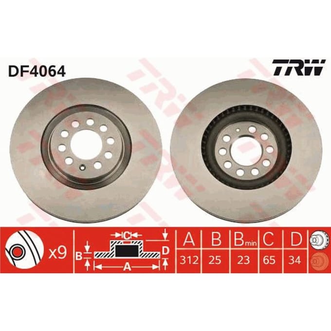 Remschijf TRW DF4064 voorkant, geventileerd, sterk gecarboniseerd, 1 Stuk