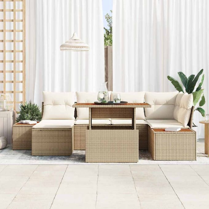 vidaXL - Tuin - Eettafel - Set - met - kussen - 7 - pcs - Beige - en - Crème