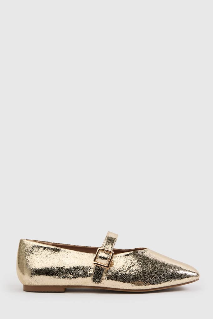 boohoo Dames Extra Brede Pasvorm Ballerina's Met Vierkante Neus | Goud | Maat: 37