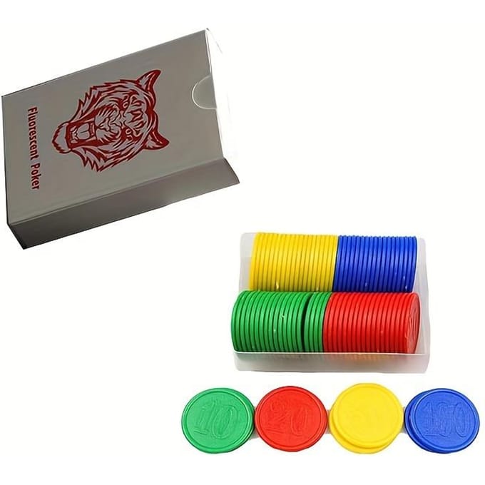 1 jeu de cartes à jouer et boîte de jetons, jeu de cartes fluorescentes, jeu de société en plastique PVC étanche, boîte de 80 jetons, jeu de société Fluorescent gray
