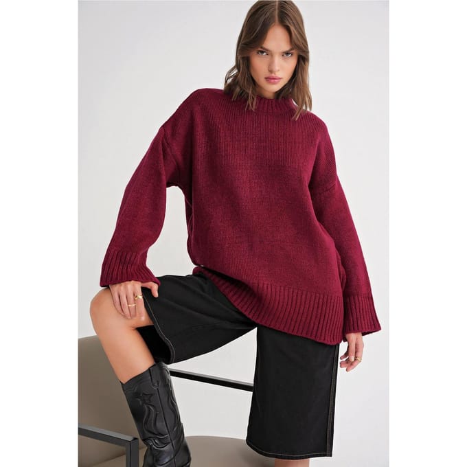 Oversized Geribde Gebreide Trui met Ronde Hals