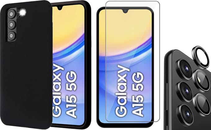 Hoesje geschikt voor Samsung Galaxy A15 - Screenprotector Glas & Camera Protector - Mat Back Case Zwart