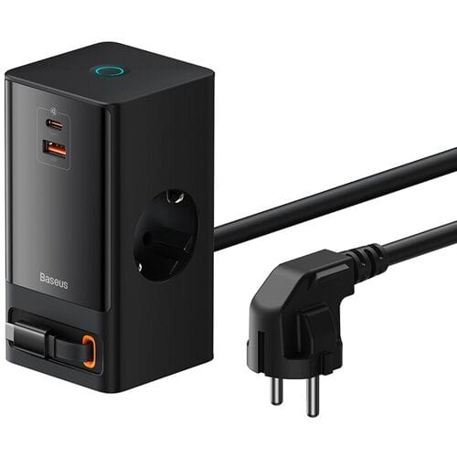 Baseus PowerCombo digitale stekkerdoos 2 AC-aansluitingen + 1 USB-A + 1 USB-C + intrekbare USB-C 65 W met 1,5 m netsnoer EU zwart