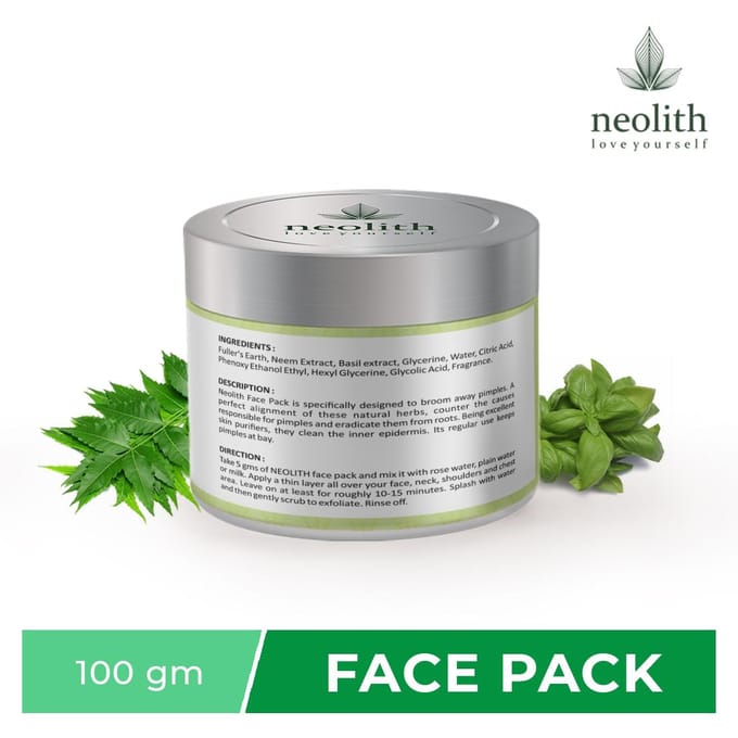 Masque Neolith Neem Basilic | Masque éclaircissant à l'argile pour une peau saine et éclatante, élimination du bronzage, élimination des points noirs, acné et équité 100 GM vert