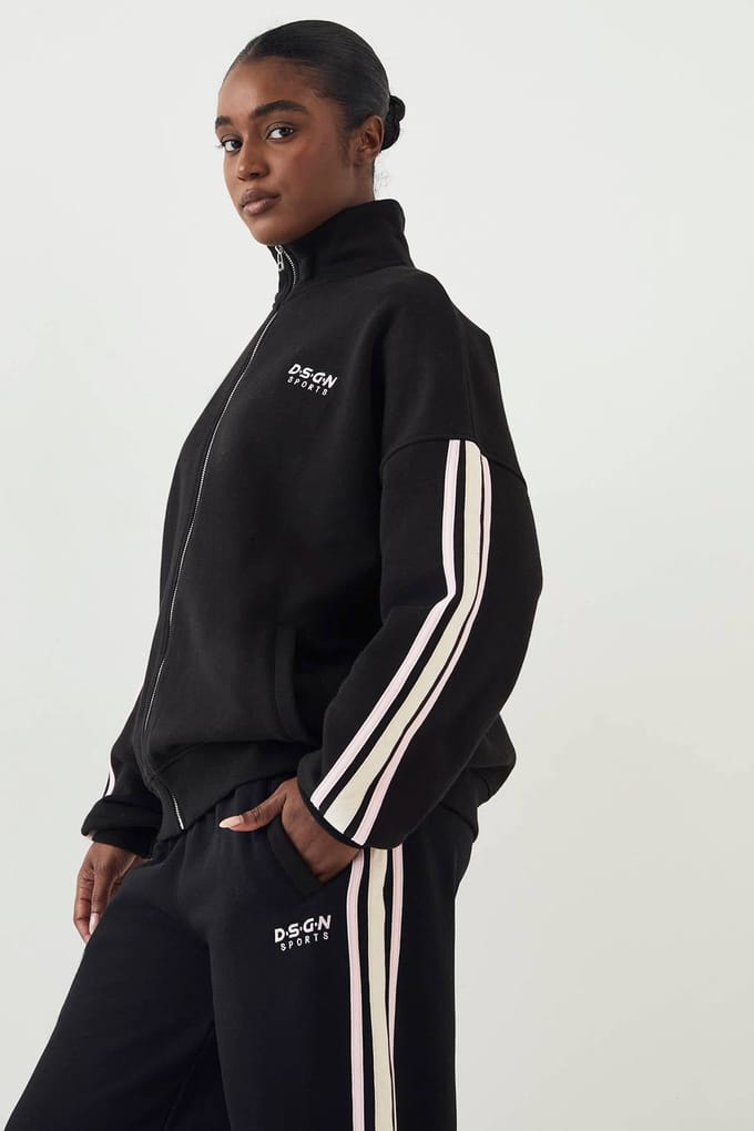 Dames DSGN Studio Sport Colour Block Funnel Neck Zip Through Sweatshirt | Zwart | Maat: Medium