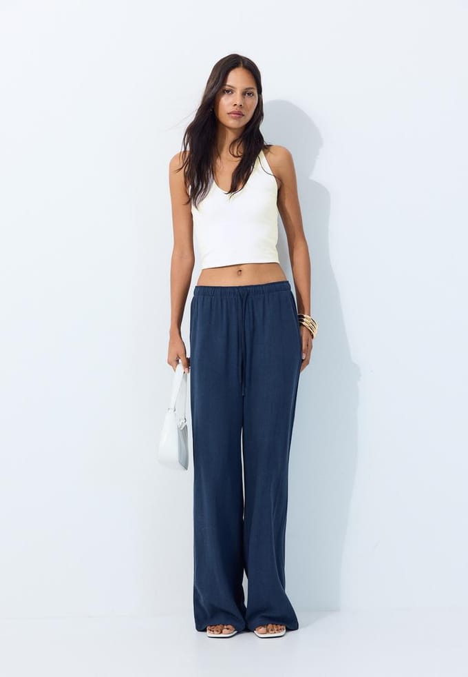 Stradivarius Rechte broek met linnen-effect  Donkermarine XS
