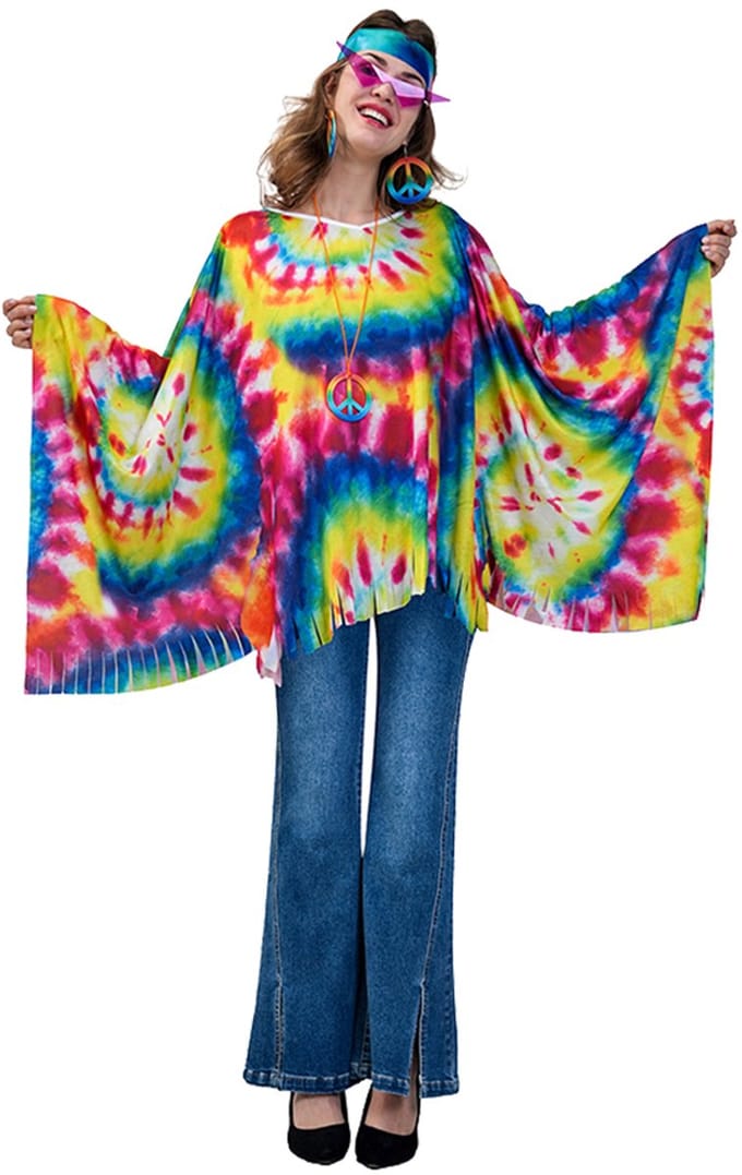 Kostuum Dames Tie-Dye Hippie – Inclusief Poncho – Carnaval & Verkleedkleding – One Size