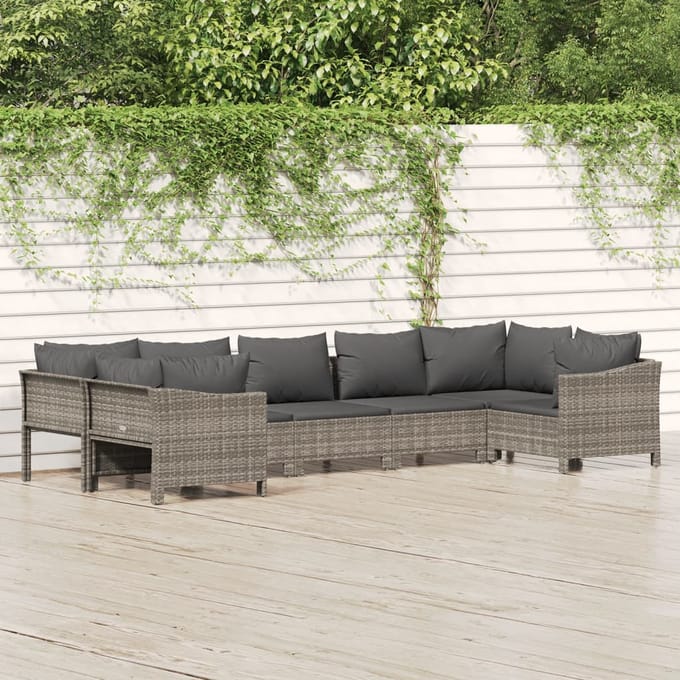vidaXL - 7-delige - Loungeset - met - kussens - poly - rattan - grijs