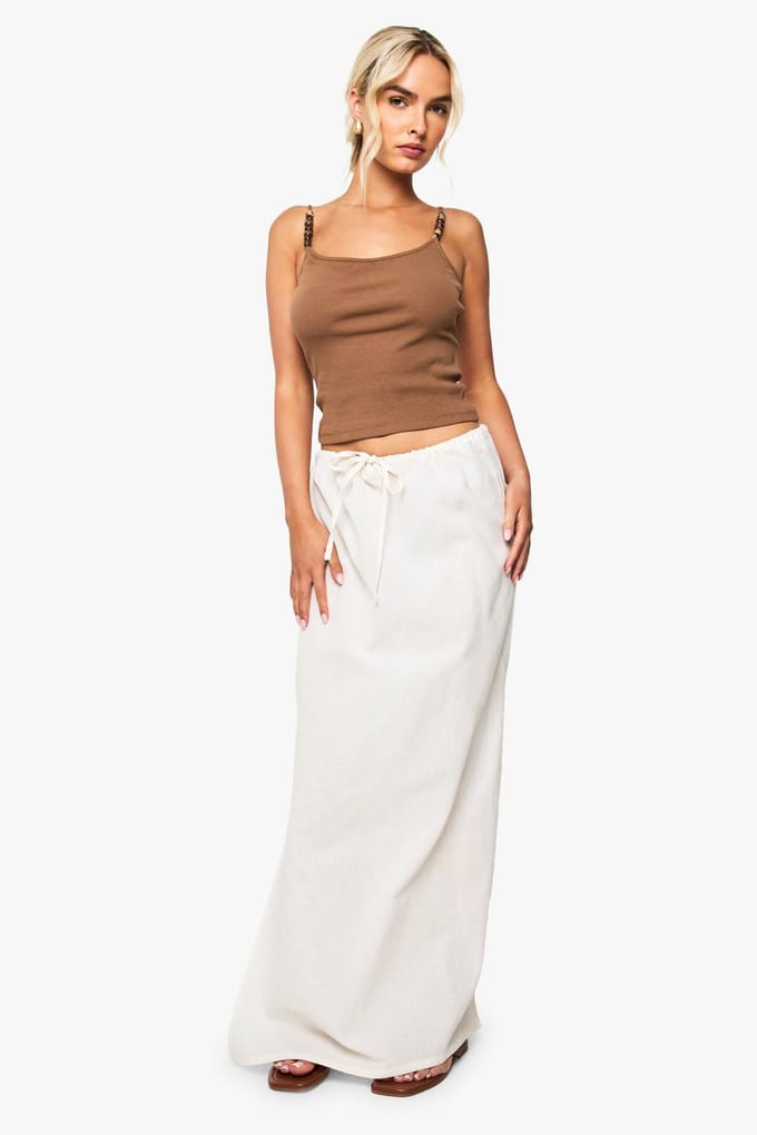 boohoo Dames Linnen maxi-rok met trekkoord | Stone | Maat: 10