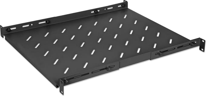 ntellinet 19 inch Rack Shelf – 1U vaste plank – verstelbare rails 550‑750 mm – max. 20 kg – zwart