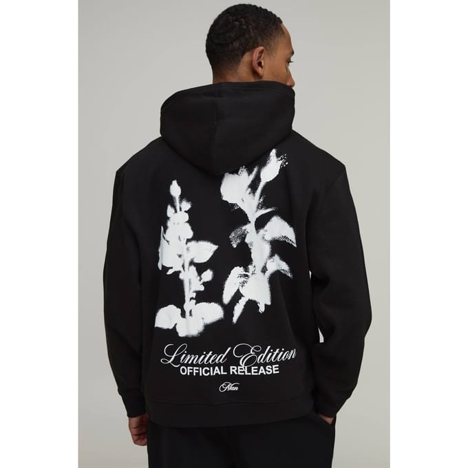 Oversized Hoodie Met Man-opschrift En Bloemenprint Voor Heren | Black | Size Medium