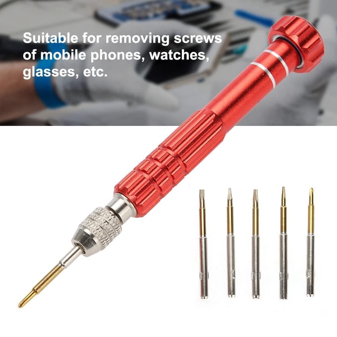 Schroevendraaierhandvat met 5 precisiebits Telefoon Bril Horloge Reparatie Gereedschapsset (Rood) red