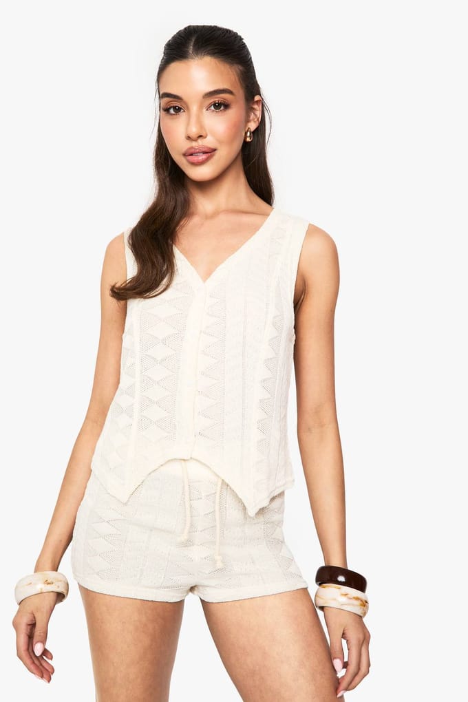 boohoo Dames Mix en Match gehaakte, getextureerde patroonshorts | Creme | Maat: 38