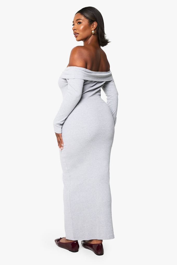 boohoo Dames Plus Basic Geribbelde Bardot Maxi Jurk | Grijze Mergel | Maat: 48