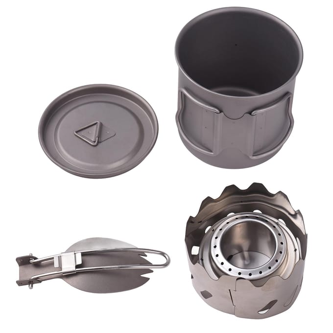 Kampeer kookset Ti 500ml Mok Vork Lepel Alcoholbrander Windscherm Draagbare Kampeer kooksets voor gray