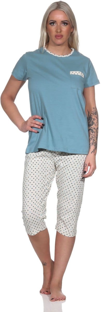Normann damespyjama met korte mouwen en capri pyjamabroek in stippenlook