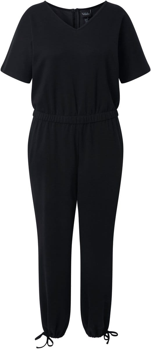 Ulla Popken - Dames - Jumpsuit V-hals elastische taille korte vleermuismouwen - Zwart - Maat 56