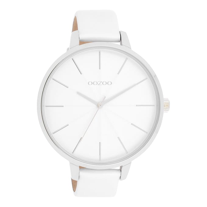 Zilverkleurige OOZOO horloge met witte leren band - C11345