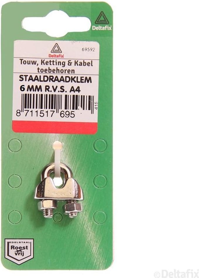 Staaldraadklem.Beugel. 6 mm. RVS-A4. Deltafix.
