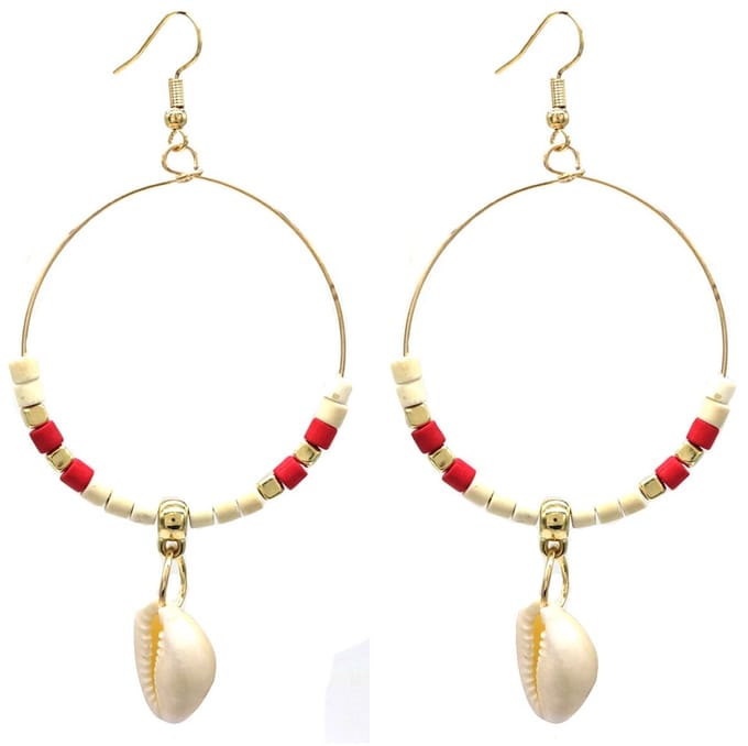 Oorbellen Rond - Schelp en Kralen - 8x4,5 cm - Rood