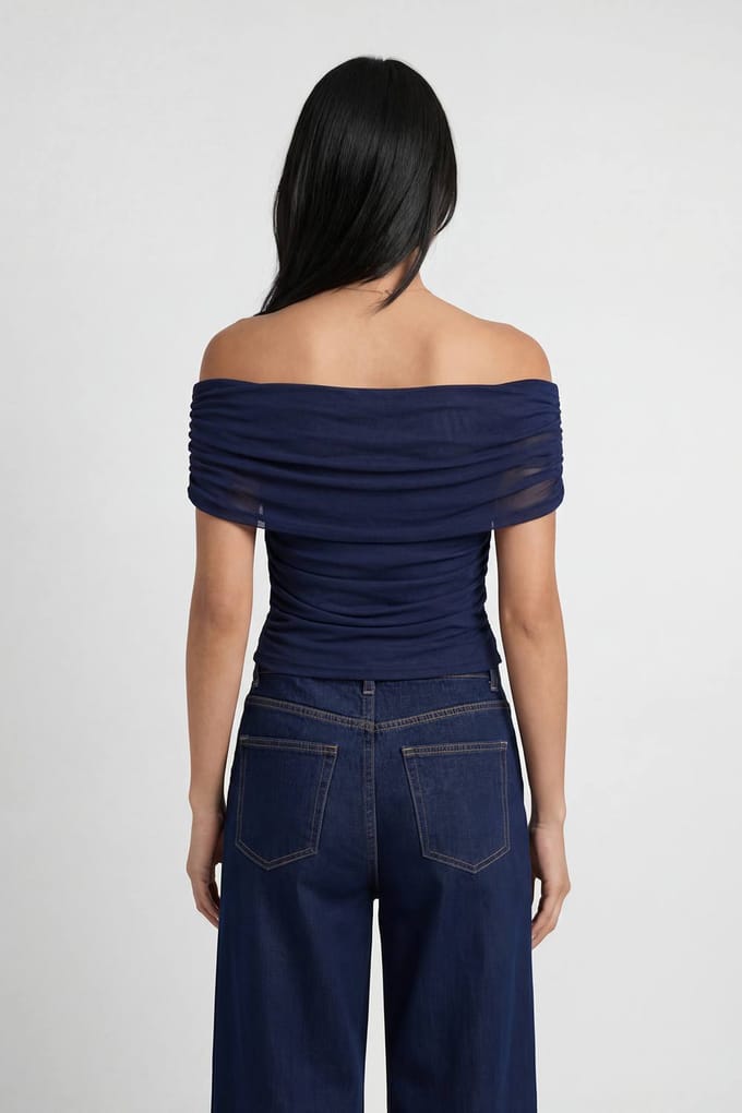 boohoo Dames Plus Mesh Bardot Gerimpelde Top | Marineblauw | Maat: 44