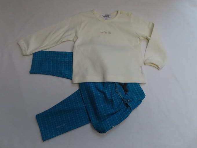 Ensemble - 3 delig - Meisjes - Ecru met turquoise - Tshirt + rok + legging - 1 jaar 80
