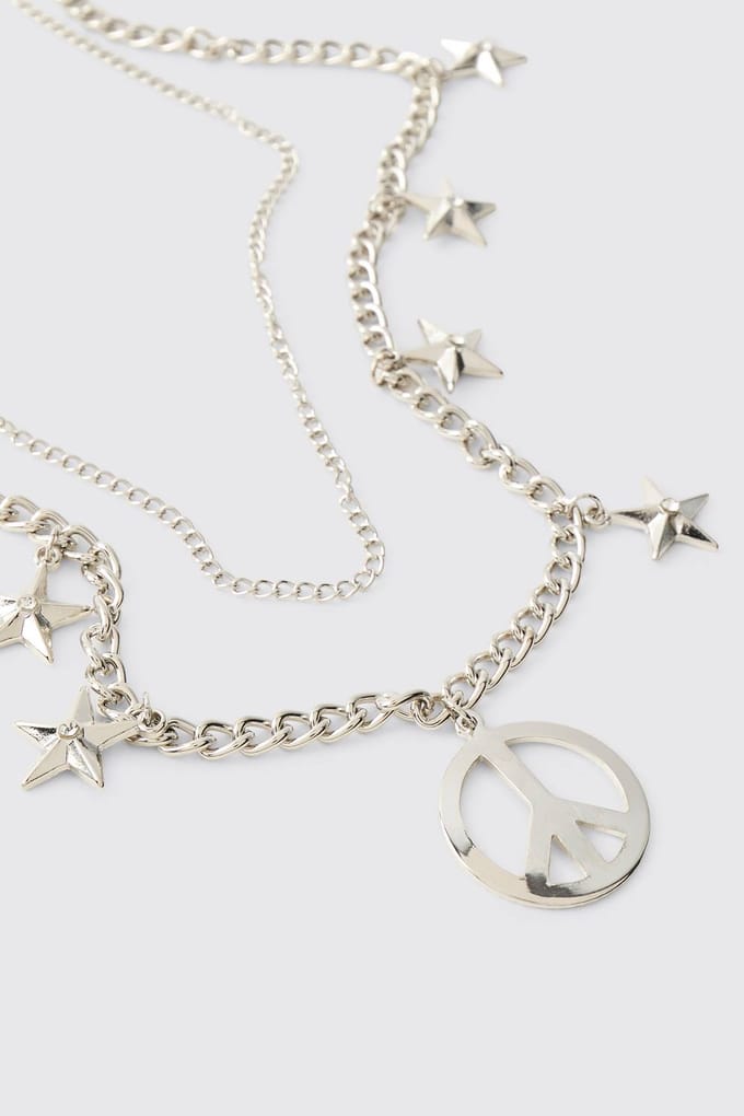 Silver Layered Chain with Star Accents and Peace Pendant