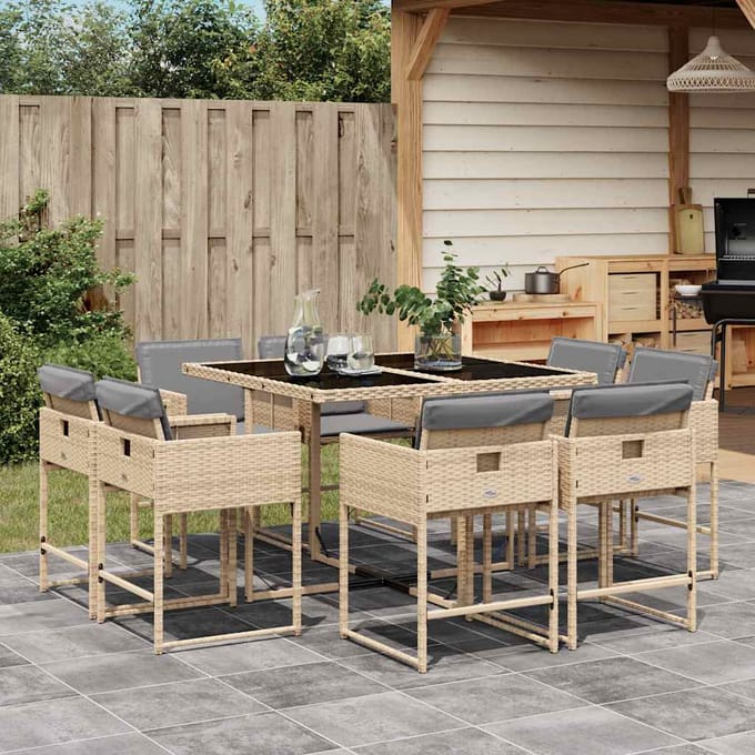 vidaXL - 9-delige - Tuinset - met - kussens - poly - rattan - gemengd - beige