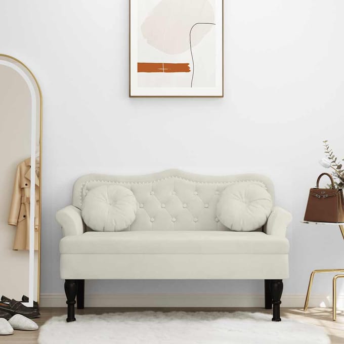 vidaXL - Bankje - met - kussens - 120,5x65x75 - cm - fluweel - crèmekleurig